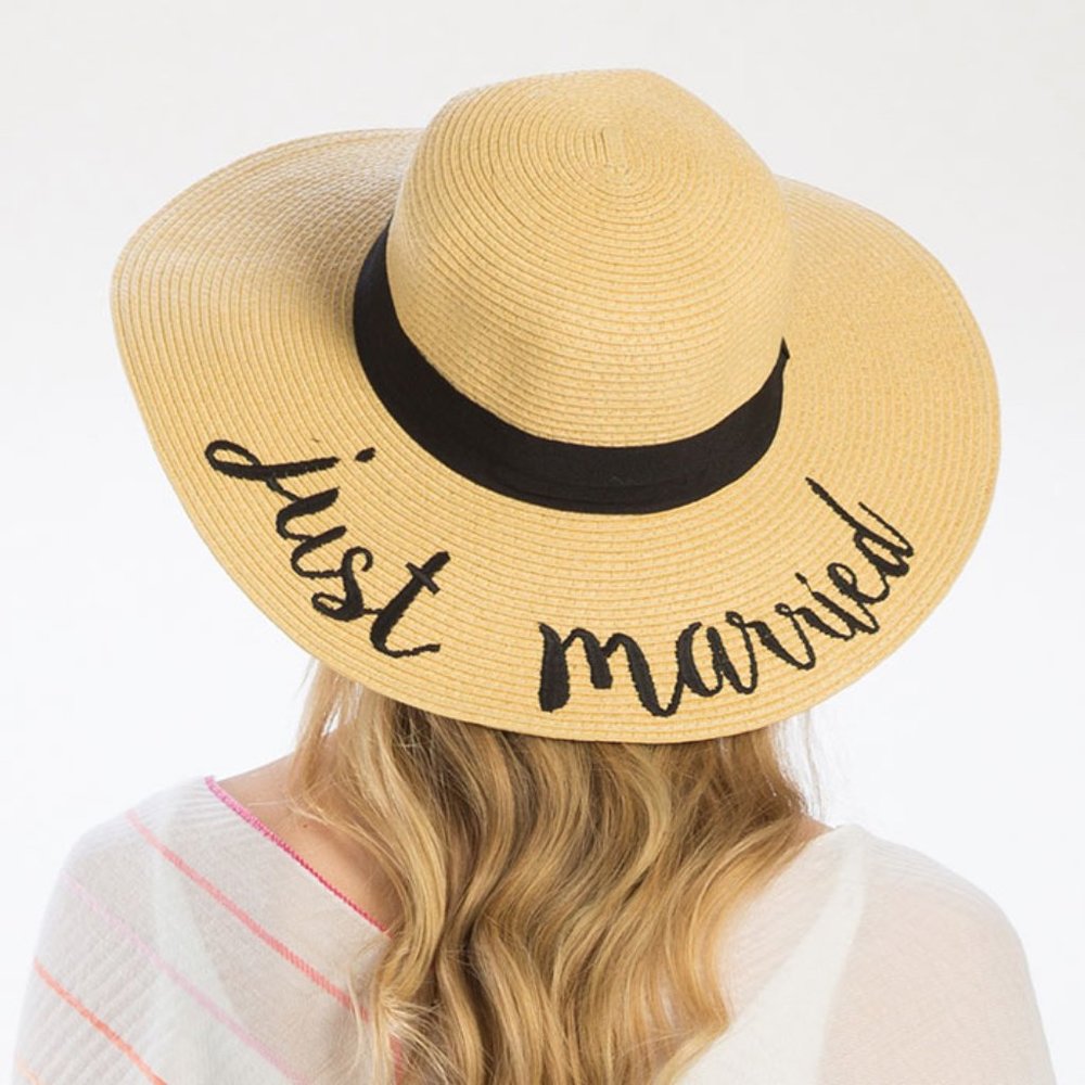 Just Married Embroidered Straw Floppy Sun Hat